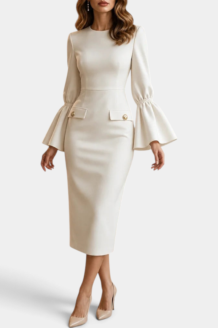 Mahaute Demelza cream midi sheath dress with flared sleeves and gold button flap details on a model