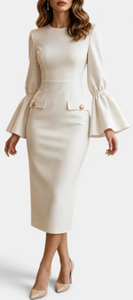 Mahaute Demelza cream midi sheath dress with flared sleeves and gold button flap details on a model