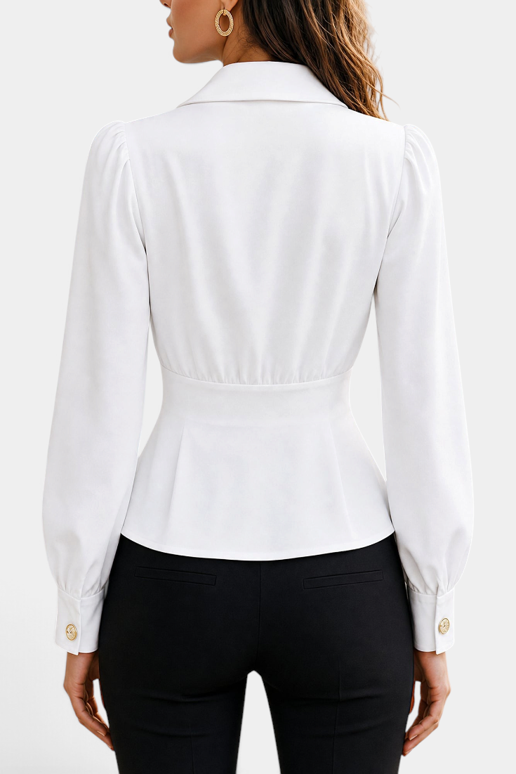 Mahaute Denovia white tailored blouse with long puff sleeves, cinched waist, and gold button cuffs, back view.