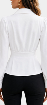 Mahaute Denovia white tailored blouse with long puff sleeves, cinched waist, and gold button cuffs, back view.