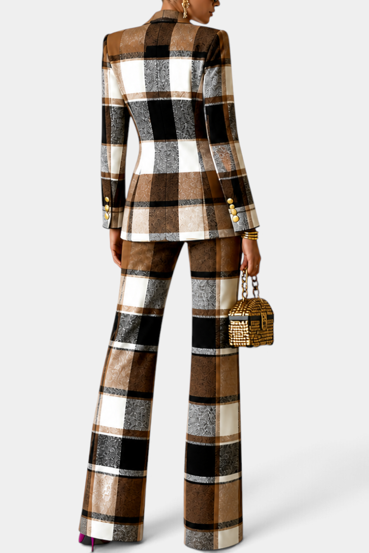 Mahaute Dobrina plaid suit featuring a tailored double-breasted blazer and wide-leg trousers in brown, black, and white.