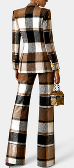 Mahaute Dobrina plaid suit featuring a tailored double-breasted blazer and wide-leg trousers in brown, black, and white.
