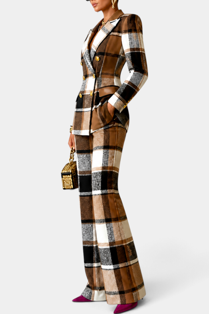 Mahaute Dobrina plaid suit featuring a double-breasted tailored blazer and wide-leg trousers in brown and black tones.