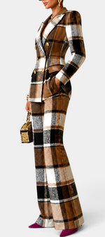 Mahaute Dobrina plaid suit featuring a double-breasted tailored blazer and wide-leg trousers in brown and black tones.