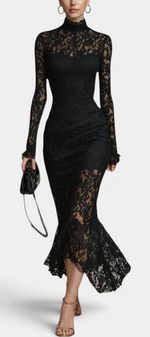 Mahaute Donna black floral lace long dress with high neck, long sheer sleeves, and a flared hem on a model.