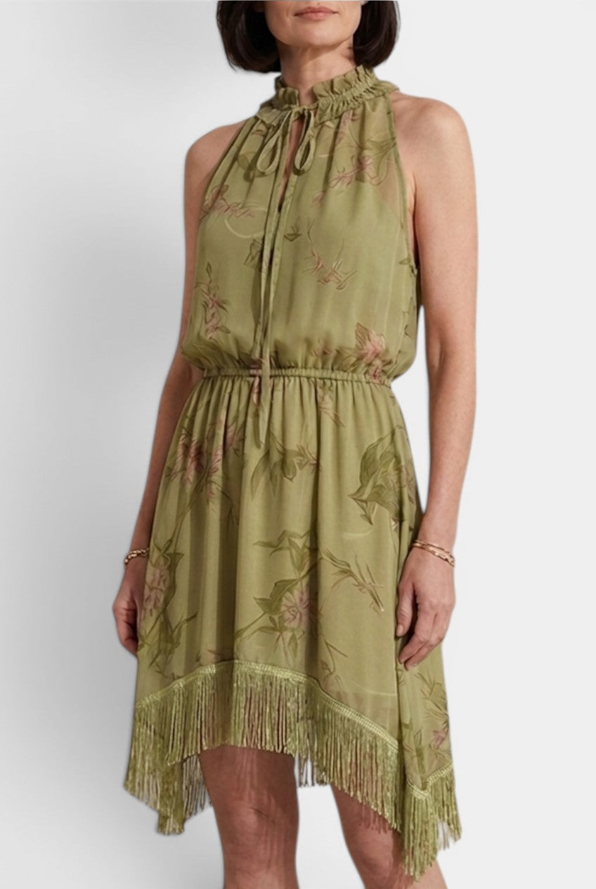 Mahaute Eglantine midi dress in sage green chiffon with a pleated halter neck, bow detail, and asymmetric fringed hem.