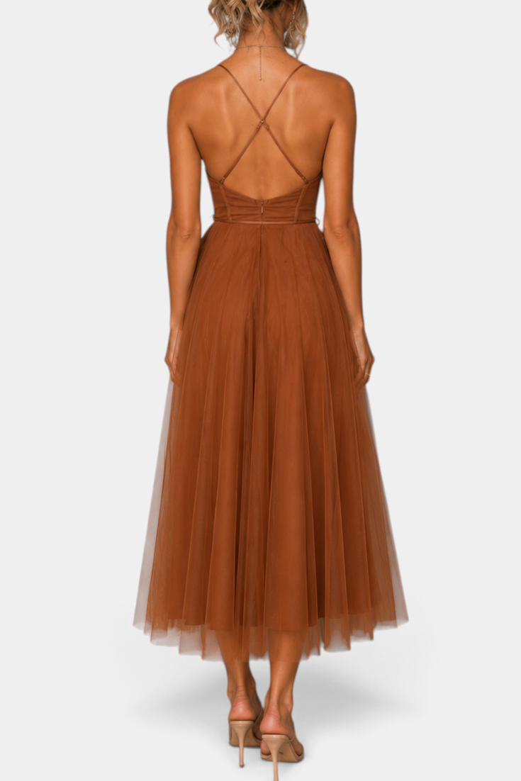 Mahaute Eileen midi tulle dress in brown with a corset bodice and open back featuring delicate crisscross straps