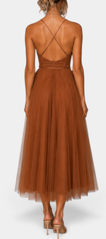 Mahaute Eileen midi tulle dress in brown with a corset bodice and open back featuring delicate crisscross straps