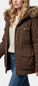 Parka mi-longue Mahaute Eirlys avec capuche en faux fourrure, effet chaud, taille ajustable, couleur marron, détail élégant