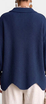 Back view of Mahaute Eleri navy blue oversized knit cardigan with a shirt collar and scalloped hem