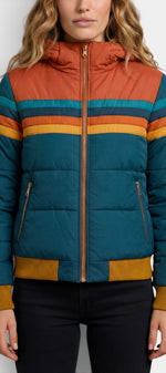 Doudoune imperméable à capuche Elfriede de Mahaute avec rayures, chaude et résistante à l'eau, idéale pour l'hiver.