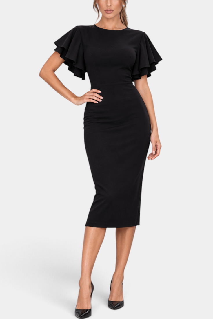 Mahaute Elitsa black midi dress with fitted waist and feminine ruffled sleeves worn by a model with black heels