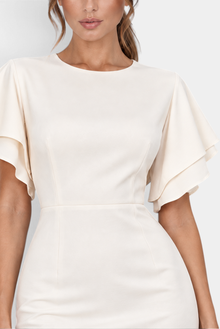 Mahaute Elitsa cream midi dress featuring a fitted waist and elegant layered flutter sleeves on a model