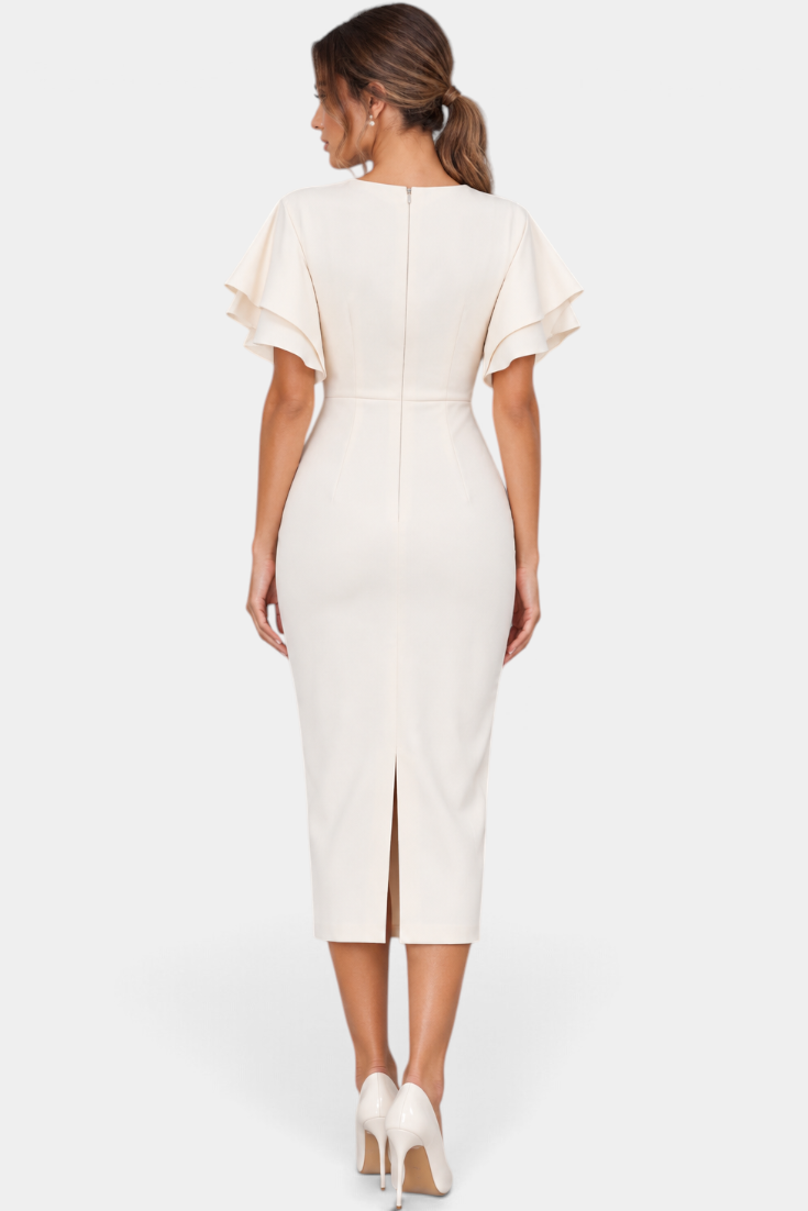 Back view of Mahaute Elitsa cream midi dress with flutter sleeves, cinched waist, and back slit on a model