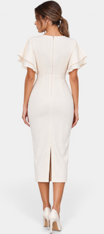 Back view of Mahaute Elitsa cream midi dress with flutter sleeves, cinched waist, and back slit on a model