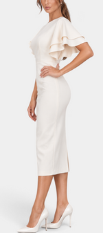 Mahaute Elitsa cream midi dress with ruffled sleeves, cinched waist, and back slit worn by a model with heels.