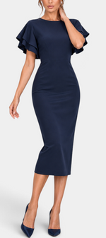 Mahaute Elitsa navy blue midi dress with flutter sleeves, cinched waist, and fitted silhouette on a model.