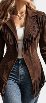 Mahaute Emberelle brown faux suede fitted jacket with long fringe detailing and a classic tailored collar.