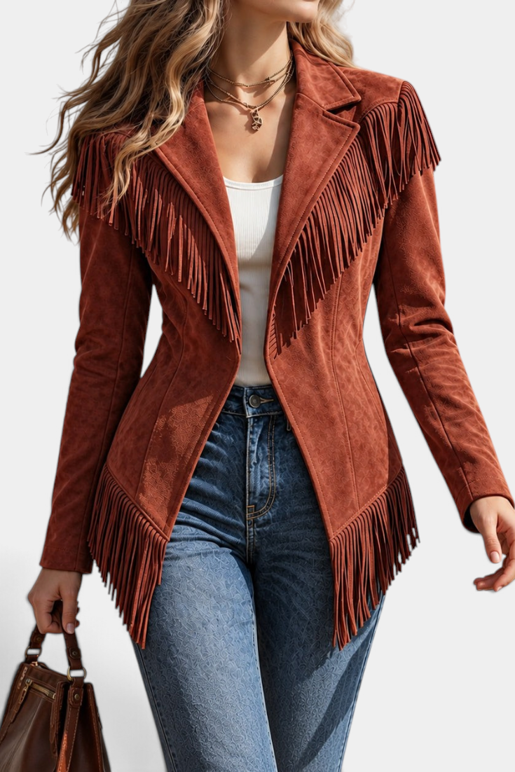 Mahaute Emberelle brown faux suede fitted jacket with long fringe detailing and a classic tailored collar.