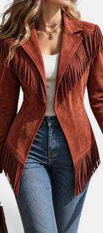Mahaute Emberelle brown faux suede fitted jacket with long fringe detailing and a classic tailored collar.