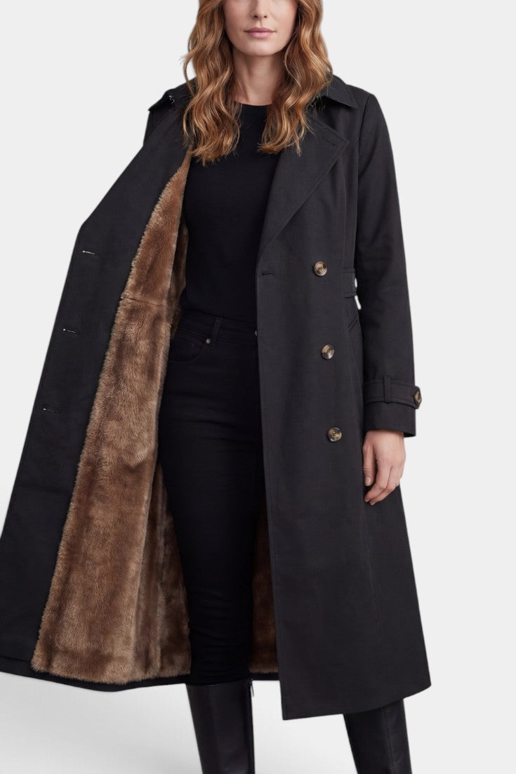 Imperméable long Mahaute Ermelinde avec ceinture, doublure effet fourrure et double boutonnage, style trench élégant noir.