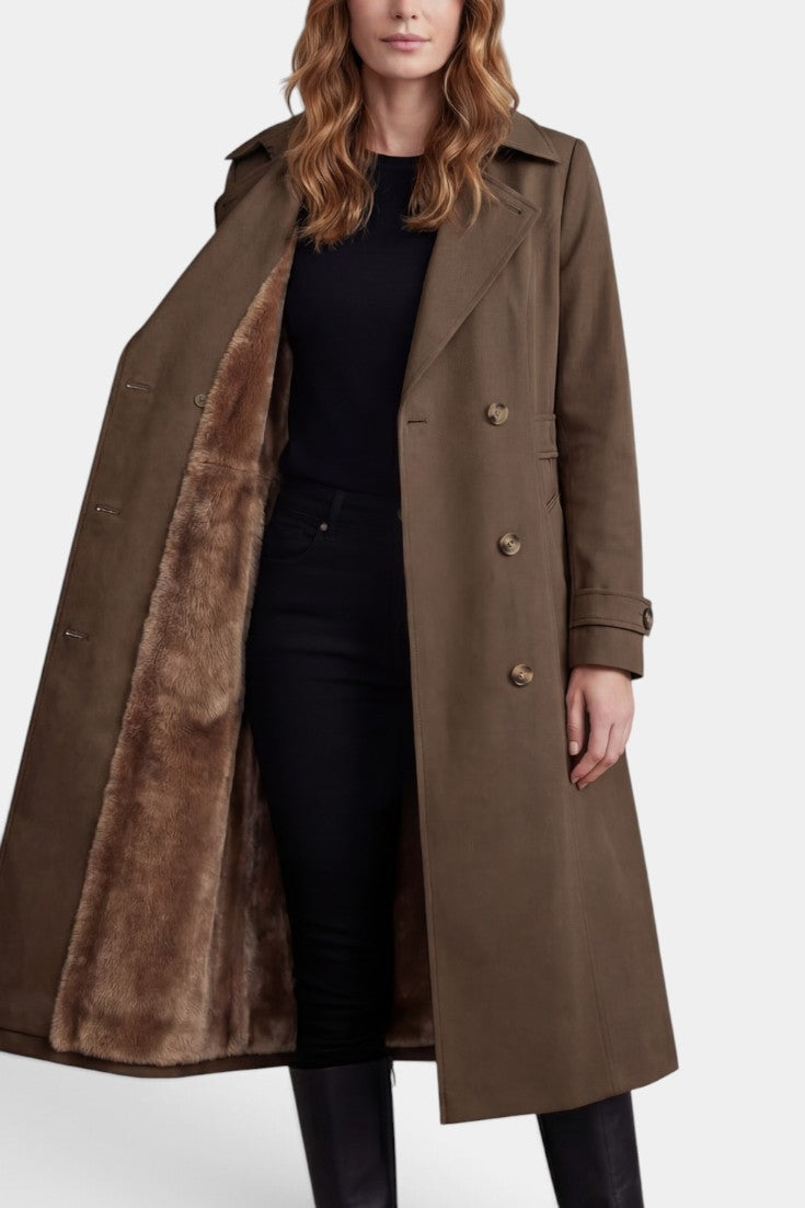 Manteau trench long Mahaute Ermelinde avec doublure en fausse fourrure, ceinture et double boutonnage, élégant et chaud.
