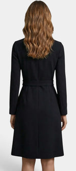 Back view of Mahaute Estée black midi wrap dress with long sleeves and a belted waist.