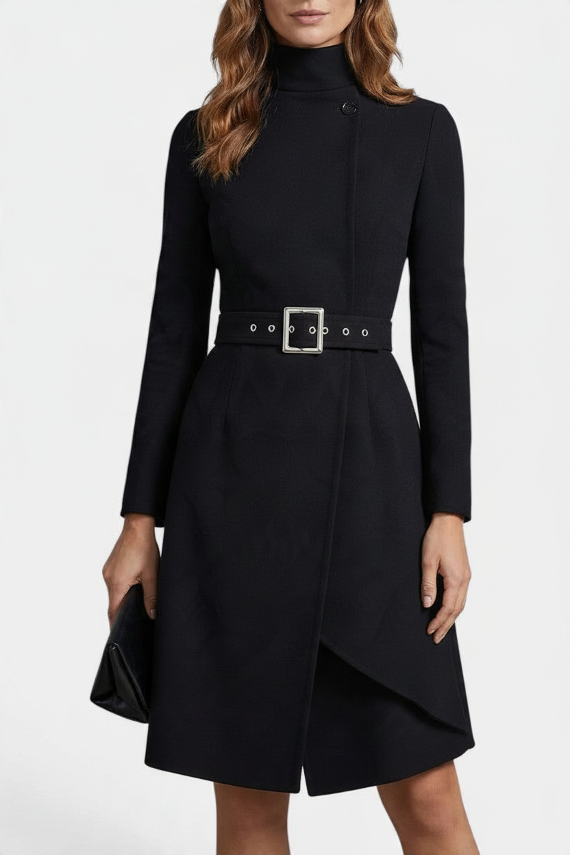 Mahaute Estée black midi wrap dress with high neck, long sleeves, and a belted waist with a square buckle.