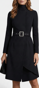 Mahaute Estée black midi wrap dress with high neck, long sleeves, and a belted waist with a square buckle.