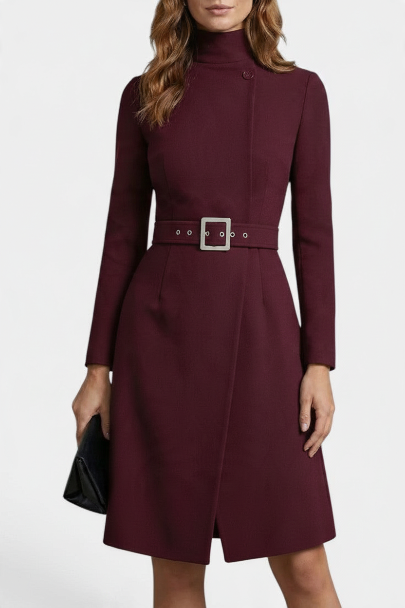 Mahaute Estée burgundy midi wrap dress with high neck, long sleeves, and a matching belted waist with square buckle.