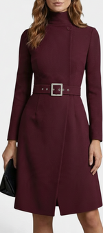 Mahaute Estée burgundy midi wrap dress with high neck, long sleeves, and a matching belted waist with square buckle.