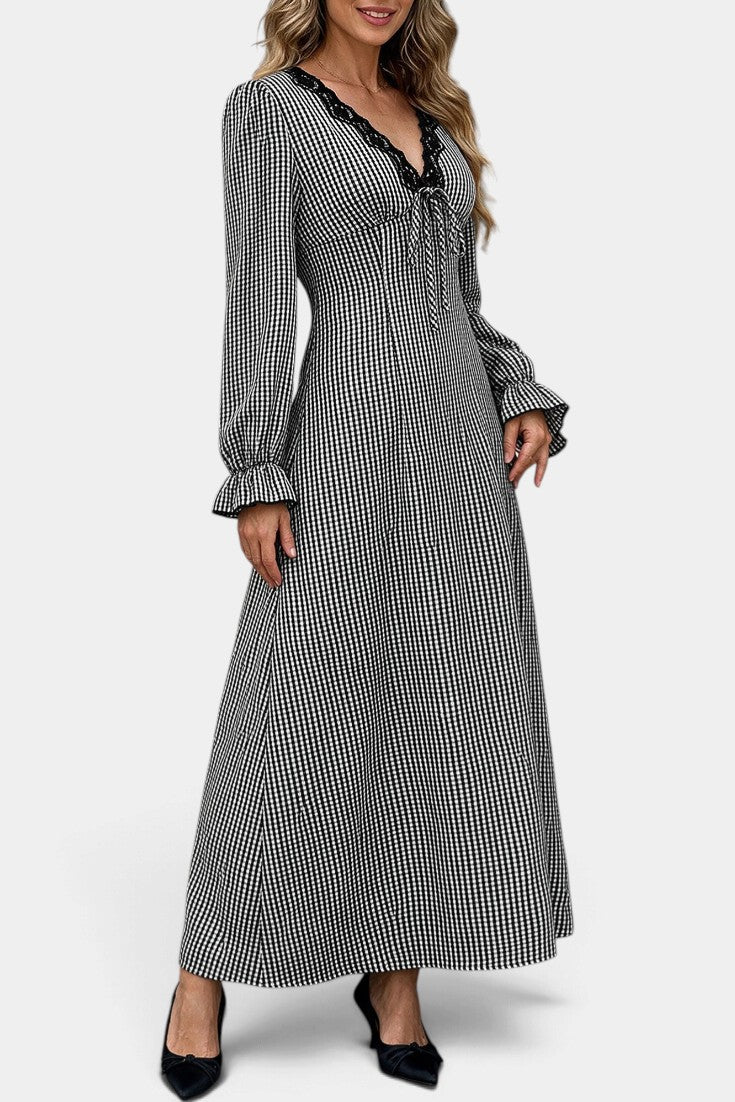 Mahaute Ethelinde long black and white gingham dress with V-neck lace trim and long puff sleeves
