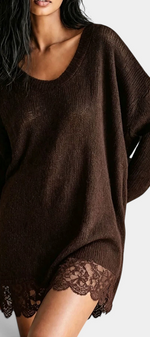 Mahaute Ethelreda brown oversized knit sweater dress with a scoop neckline and delicate floral lace hem