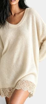 Mahaute Ethelreda oversized cream knit sweater dress with a scoop neckline and delicate floral lace hem