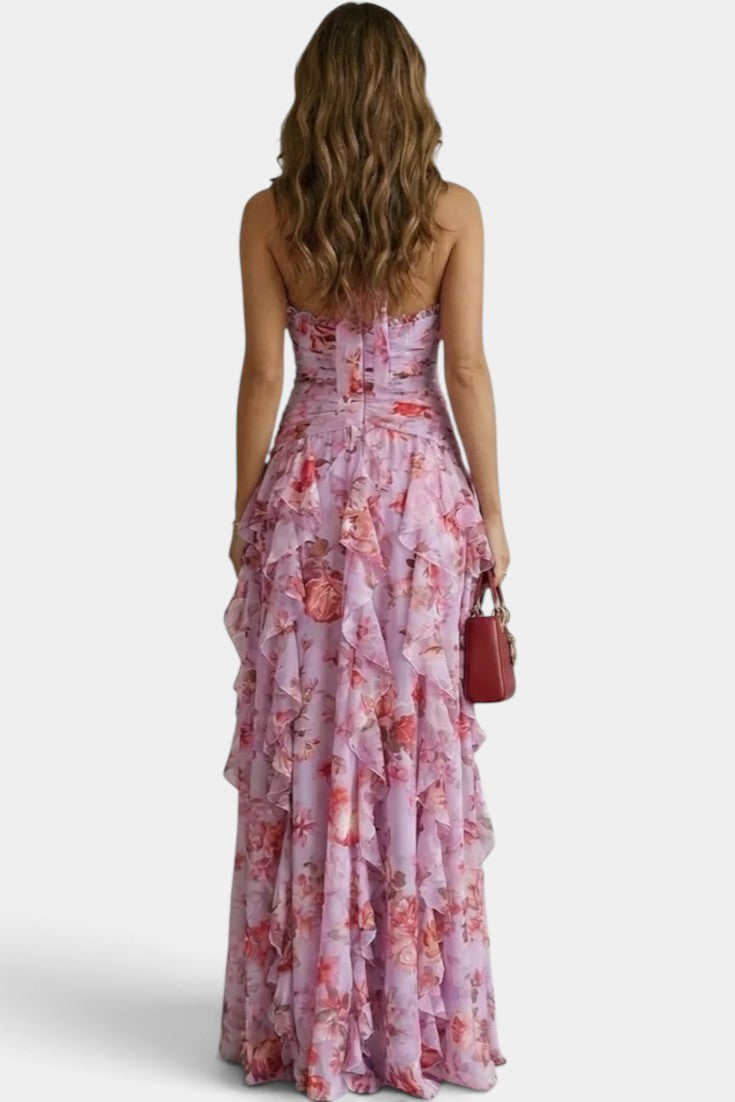 Robe longue fleurie Mahaute, dos nu avec volants cascade, tissu léger et élégant, parfaite pour les occasions estivales.