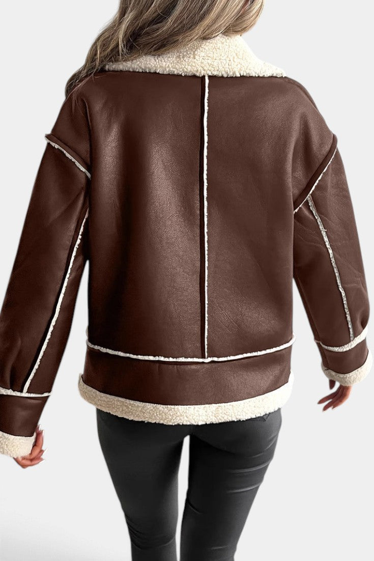 Back view of Mahaute Flynn short brown faux suede coat with cream faux fur collar and contrasting white trim