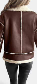 Back view of Mahaute Flynn short brown faux suede coat with cream faux fur collar and contrasting white trim