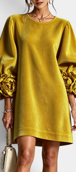 Mahaute Fuega short mustard velvet dress with voluminous puff sleeves and 3D floral details at the cuffs.