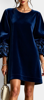 Mahaute Fuega short navy blue velvet dress with voluminous sleeves and 3D floral details on the cuffs.