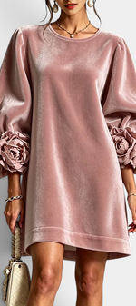Mahaute Fuega short pink velvet dress with voluminous puff sleeves and 3D floral accents at the cuffs.
