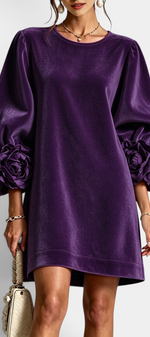 Mahaute purple velvet short dress with voluminous puff sleeves and 3D floral details on the cuffs.