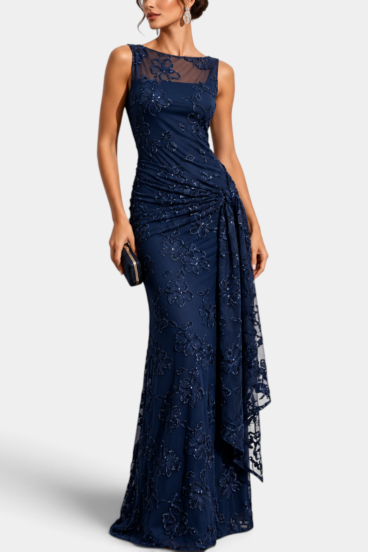 Mahaute Giuditta navy blue floor-length evening gown with floral sequins, sheer tulle neckline and asymmetric drape.
