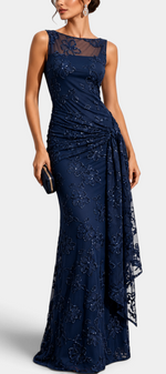 Mahaute Giuditta navy blue floor-length evening gown with floral sequins, sheer tulle neckline and asymmetric drape.