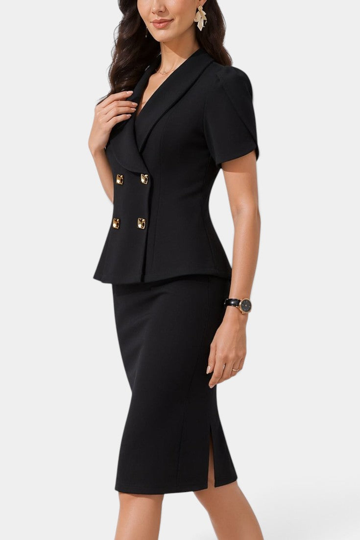 Ensemble blazer noir à double boutonnage et jupe crayon de Mahaute, vêtement élégant pour femmes.