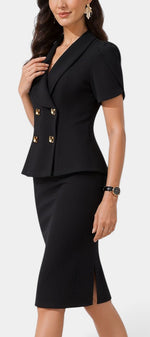 Ensemble blazer noir à double boutonnage et jupe crayon de Mahaute, vêtement élégant pour femmes.
