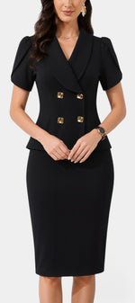 Ensemble Godelieve de Mahaute avec blazer noir à double boutonnage et jupe crayon élégante, porté sur mannequin.