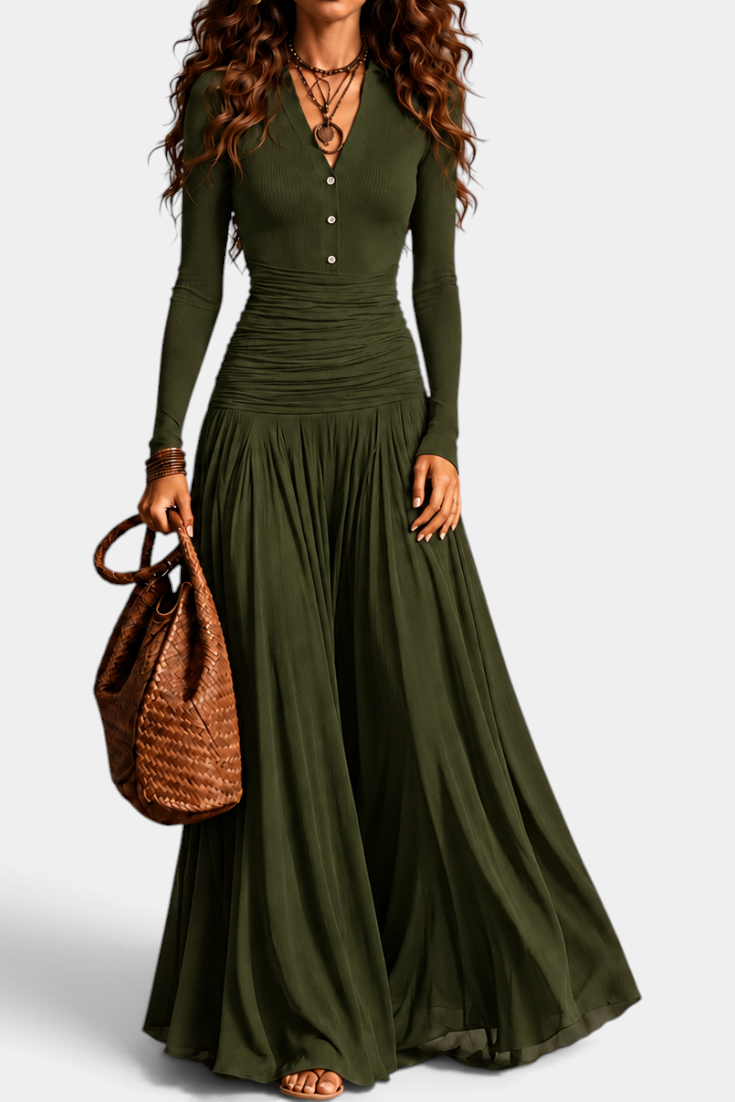 Mahaute Gracia long olive green dress with V-neck, buttoned bodice, ruched waist, and flowing skirt on a model.