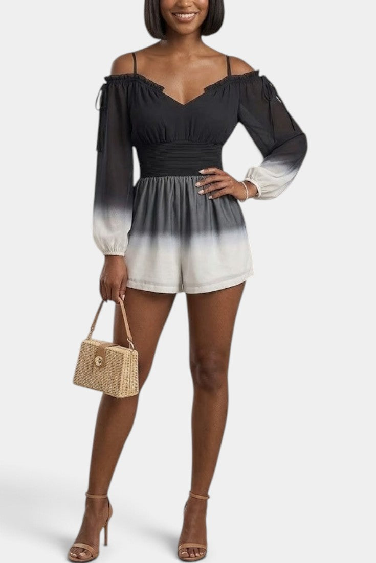 Combinaison courte Mahaute à dégradé en chiffon, épaules dénudées, manches bouffantes, style élégant et léger.