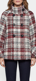 Manteau court à carreaux Mahaute Gudule avec col montant et double boutonnage, style élégant et tendance.