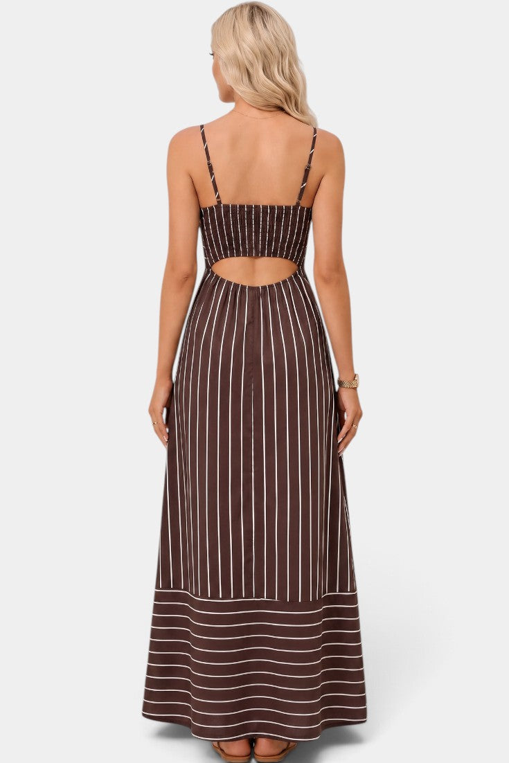 Robe longue à rayures Hannelore de Mahaute avec bretelles fines et dos découpé, élégante et fluide.